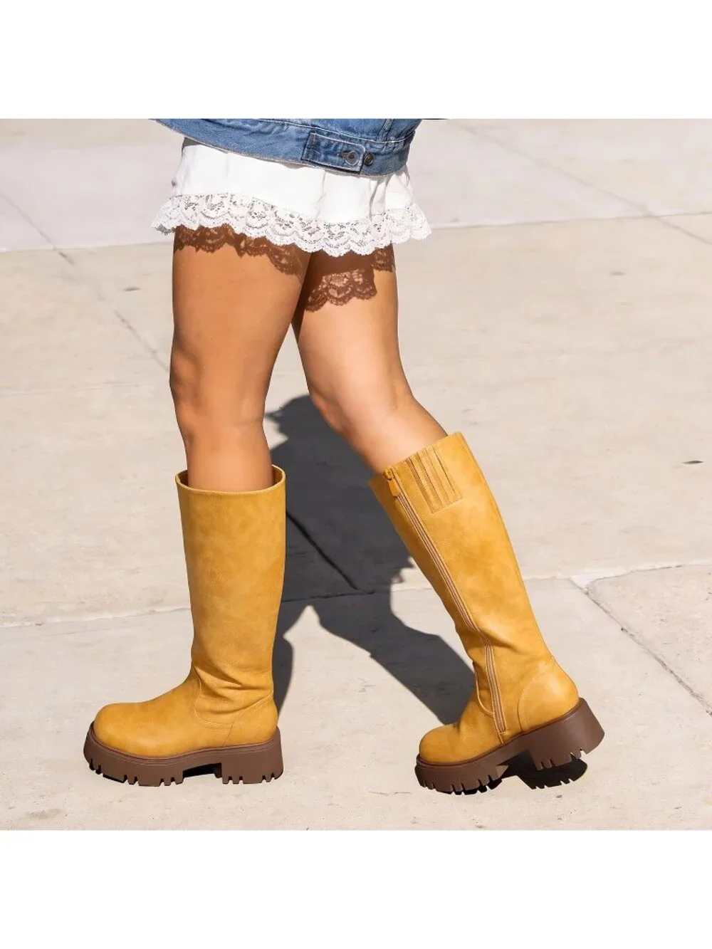 Dream Pairs Women's Yellow Round Toe Side Zipper Platform Chunky Knee High Boots
